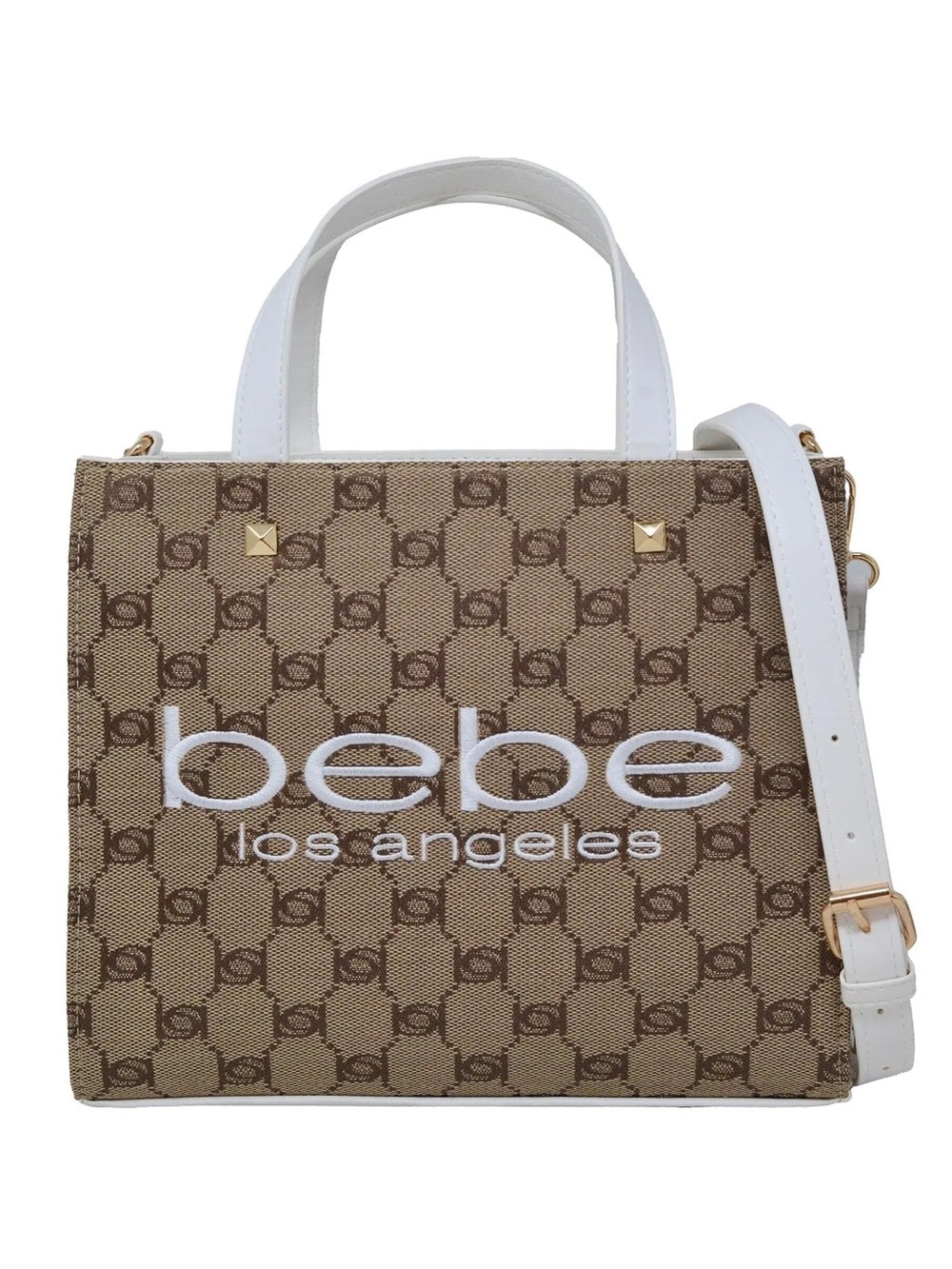 Small bebe Brown Monogram Crossbody Tote with White Trim
